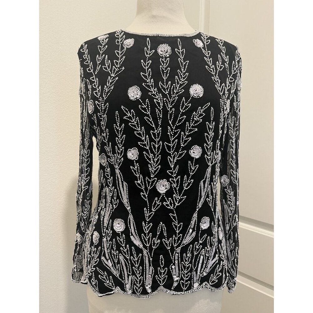Vtg Stenay silk beaded blk white top evening long sleeves scalloped hem size M/L